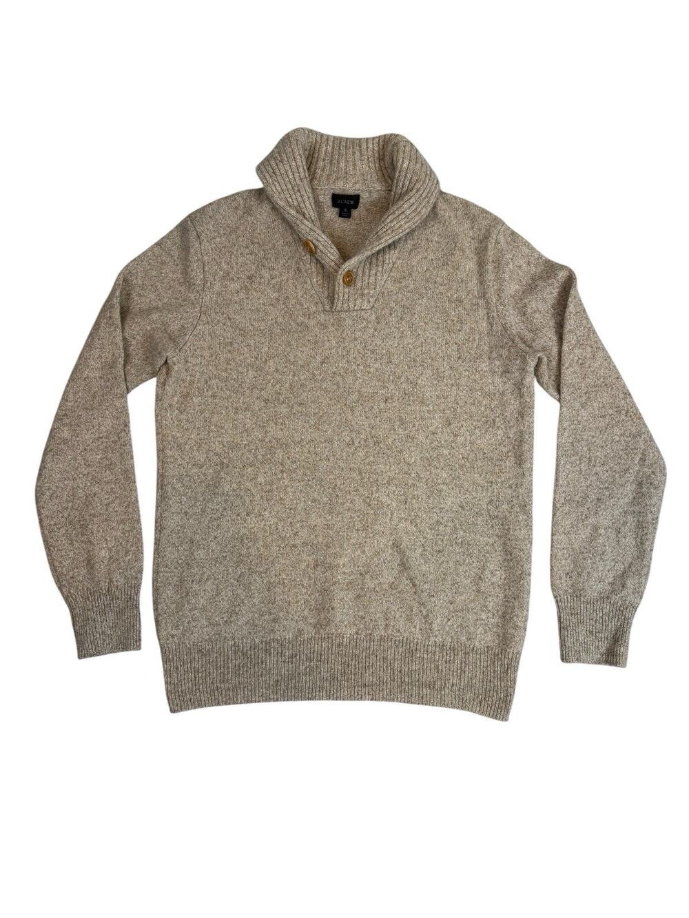 J. Crew Sweater Mens Small Tan Oatmeal Lambswool Shawl-Collar Preppy Pullover